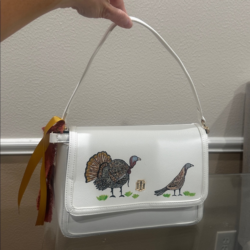 Tommy Hilfiger white shoulder bag with hand painted turkeys.
